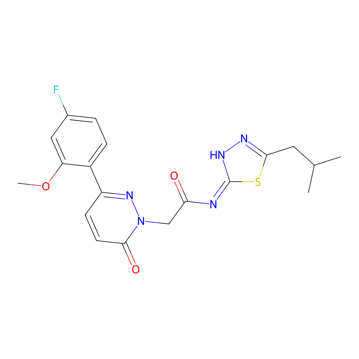 2-[3-(4-fluoro-2-methoxyphenyl)-6-oxopyridazin-1(6H)-yl]-N-[(2E)-5-(2-methylpropyl)-1,3,4-thiadiazol-2(3H)-ylidene]acetamide molecular structure, CAS 1246051-79-5