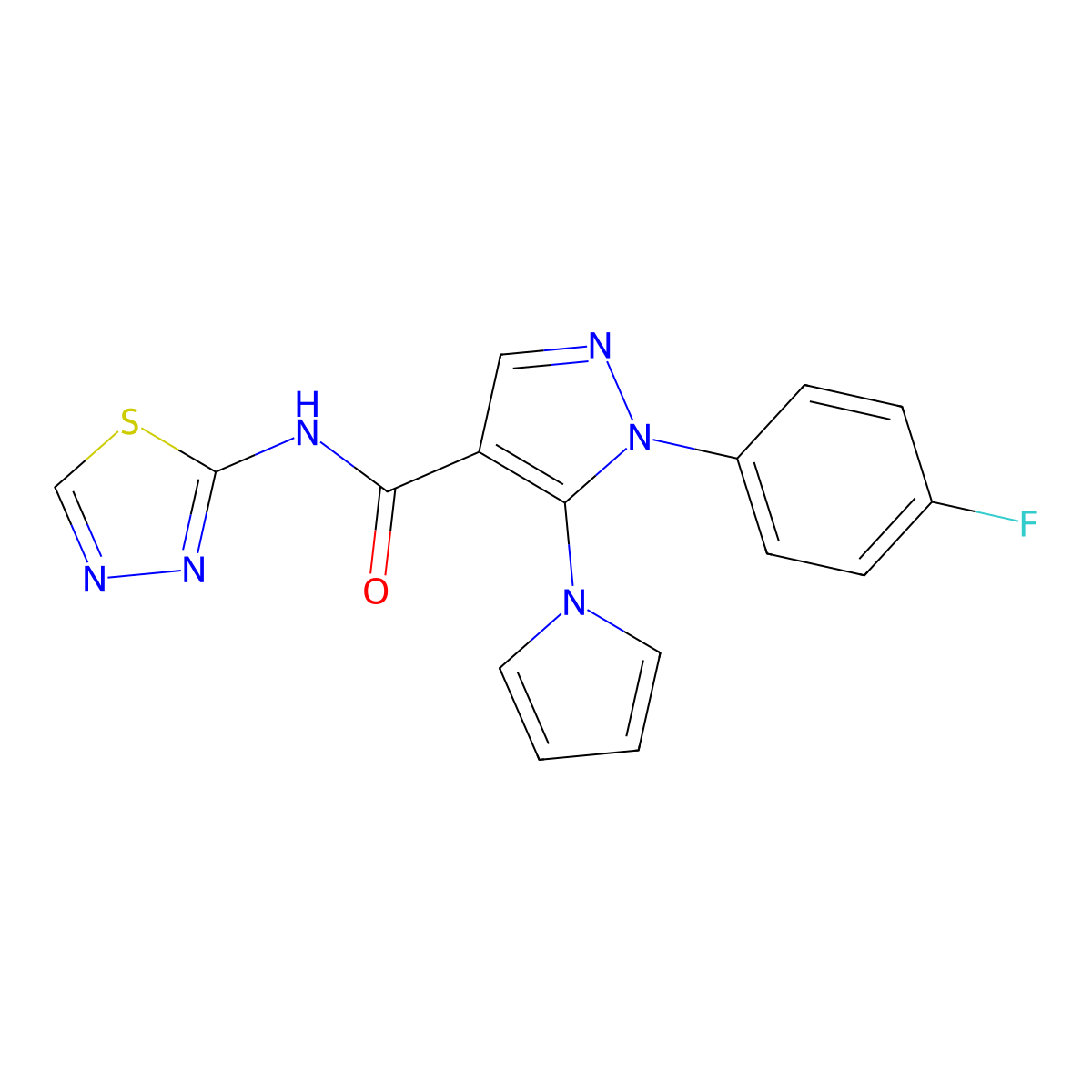 1-(4-fluorophenyl)-5-(1H-pyrrol-1-yl)-N-(1,3,4-thiadiazol-2-yl)-1H-pyrazole-4-carboxamide molecular structure, CAS 1246052-19-6