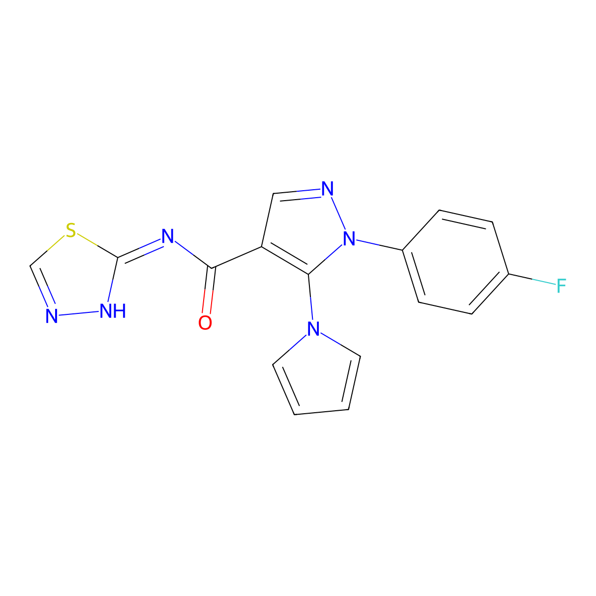 1-(4-fluorophenyl)-5-(1H-pyrrol-1-yl)-N-(1,3,4-thiadiazol-2-yl)-1H-pyrazole-4-carboxamide molecular structure, CAS 1246052-19-6