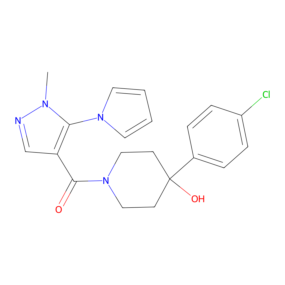 (4-(4-chlorophenyl)-4-hydroxypiperidin-1-yl)(1-methyl-5-(1H-pyrrol-1-yl)-1H-pyrazol-4-yl)methanone molecular structure, CAS 1246052-31-2