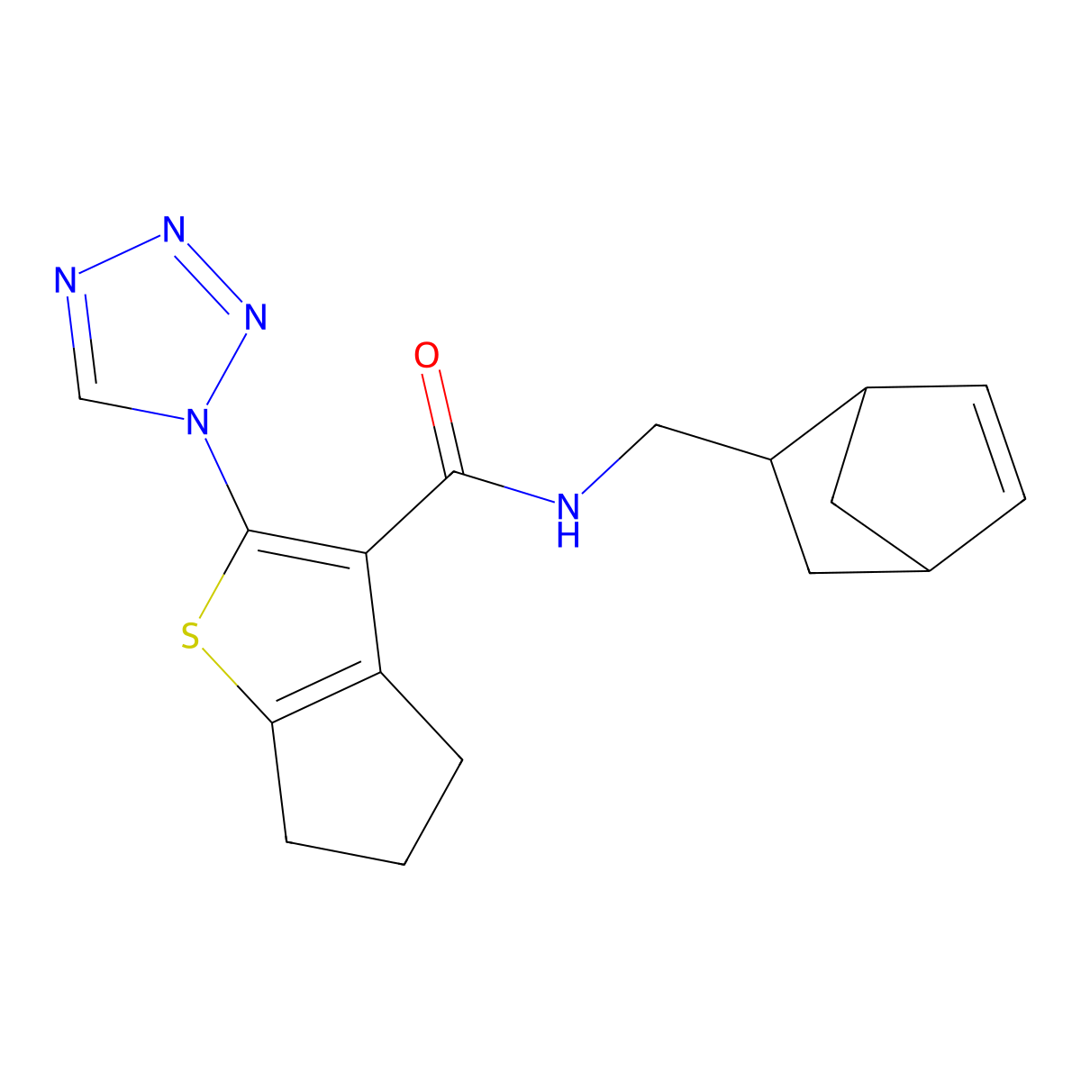 N-(bicyclo[2.2.1]hept-5-en-2-ylmethyl)-2-(1H-tetrazol-1-yl)-5,6-dihydro-4H-cyclopenta[b]thiophene-3-carboxamide molecular structure, CAS 1246053-81-5