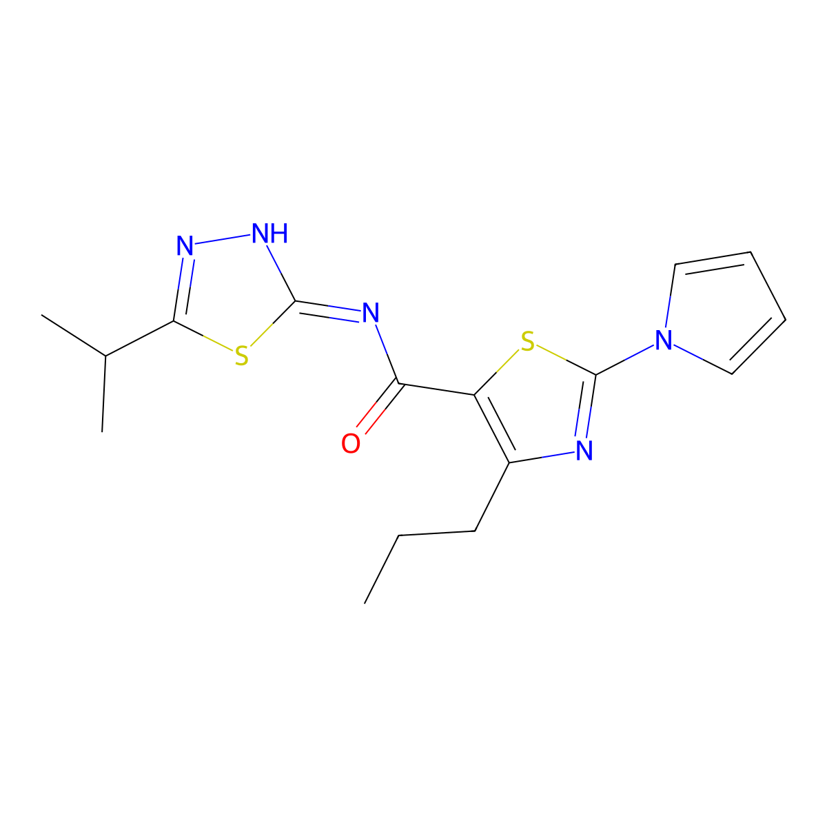 N-[(2Z)-5-(propan-2-yl)-1,3,4-thiadiazol-2(3H)-ylidene]-4-propyl-2-(1H-pyrrol-1-yl)-1,3-thiazole-5-carboxamide molecular structure, CAS 1246054-43-2