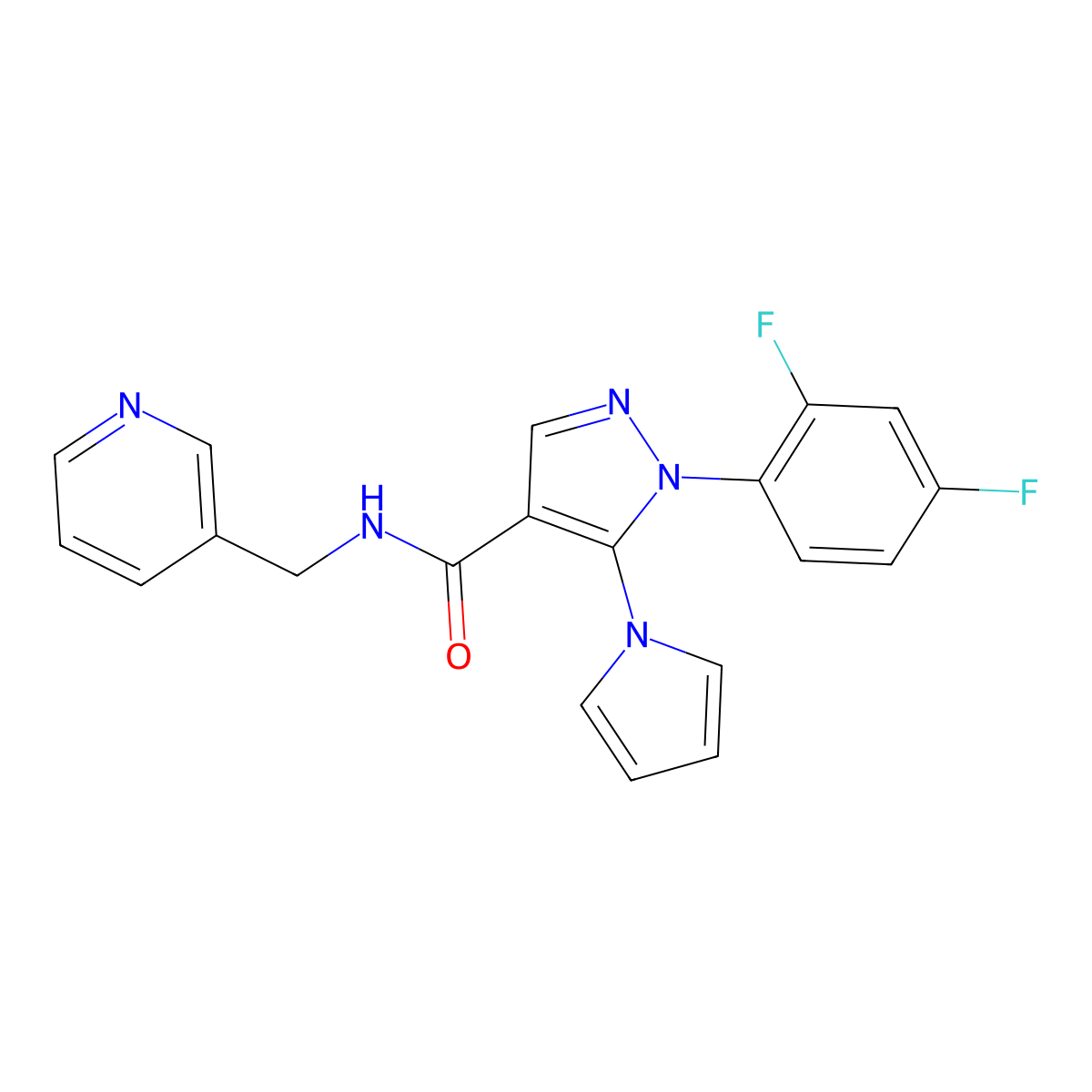 1-(2,4-difluorophenyl)-N-(pyridin-3-ylmethyl)-5-(1H-pyrrol-1-yl)-1H-pyrazole-4-carboxamide molecular structure, CAS 1246054-53-4