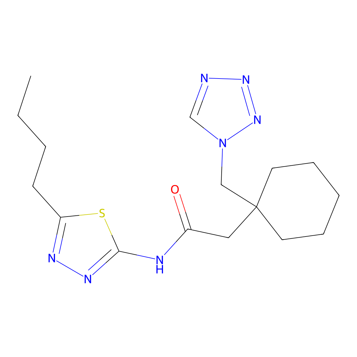 N-[(2E)-5-butyl-1,3,4-thiadiazol-2(3H)-ylidene]-2-[1-(1H-tetrazol-1-ylmethyl)cyclohexyl]acetamide molecular structure, CAS 1246054-64-7