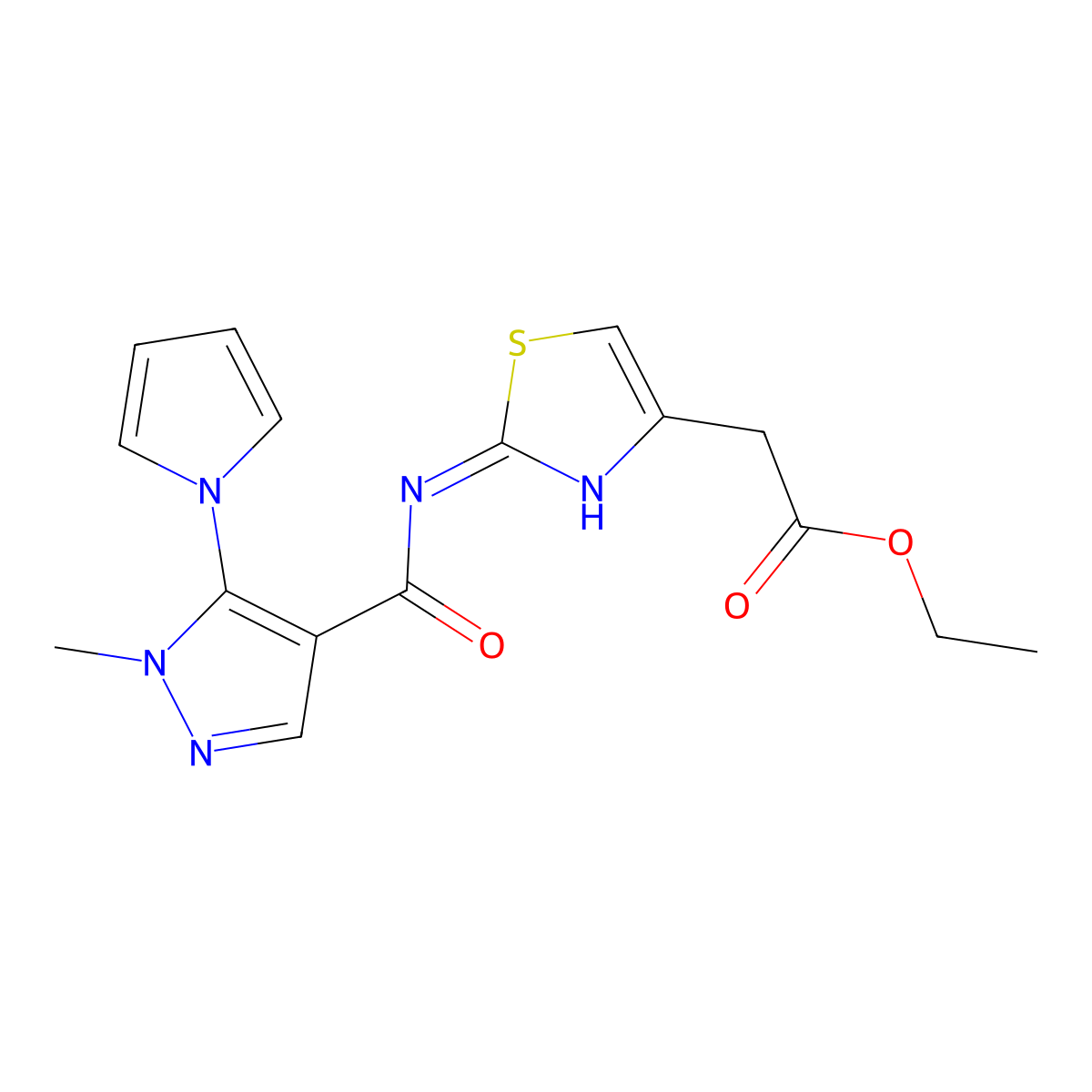 ethyl [2-({[1-methyl-5-(1H-pyrrol-1-yl)-1H-pyrazol-4-yl]carbonyl}amino)-1,3-thiazol-4-yl]acetate molecular structure, CAS 1246055-58-2