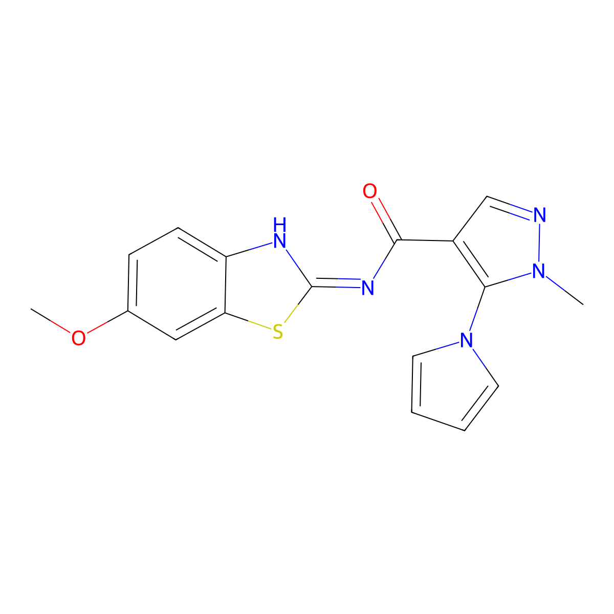 N-[(2E)-6-methoxy-1,3-benzothiazol-2(3H)-ylidene]-1-methyl-5-(1H-pyrrol-1-yl)-1H-pyrazole-4-carboxamide molecular structure, CAS 1246055-85-5