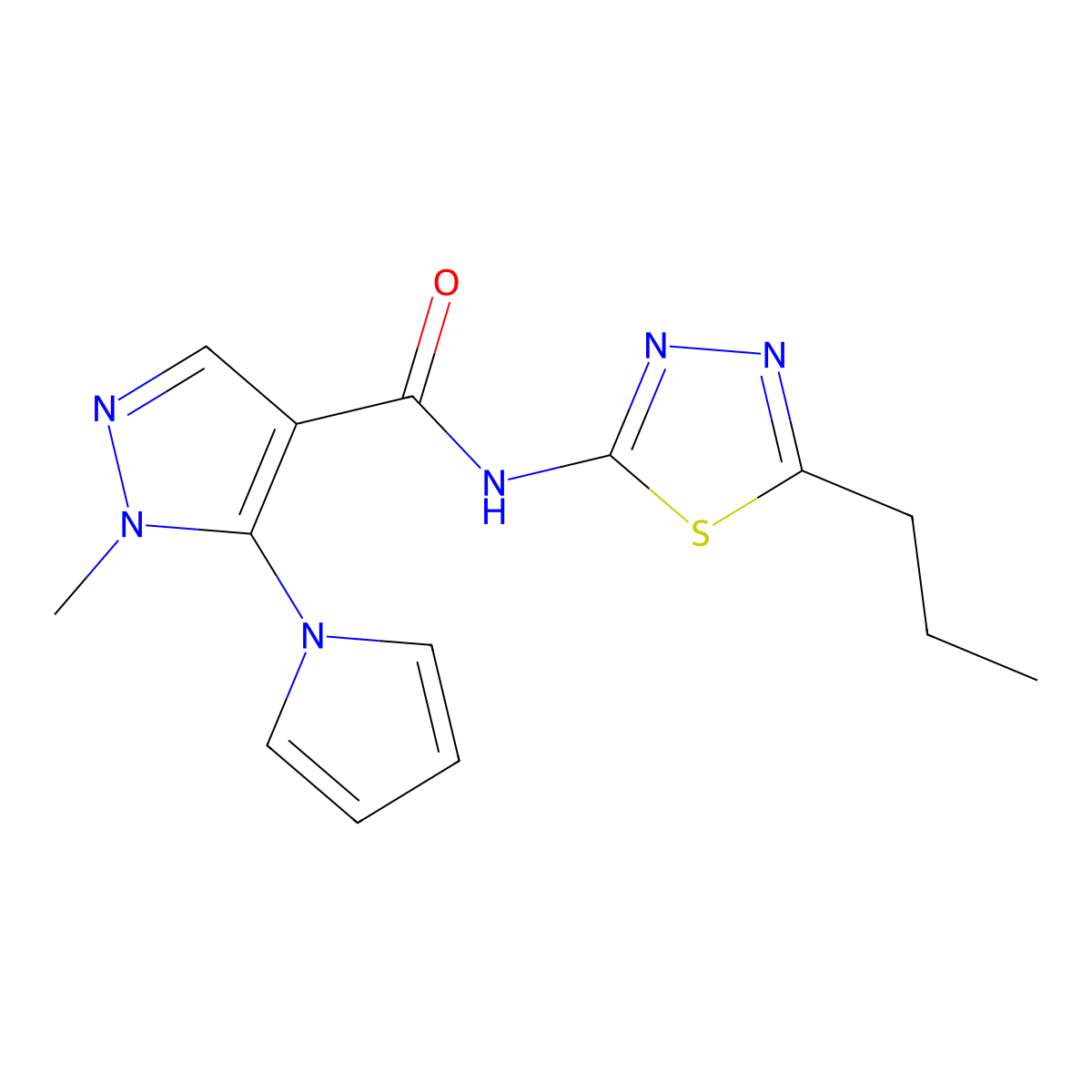 1-methyl-N-(5-propyl-1,3,4-thiadiazol-2-yl)-5-(1H-pyrrol-1-yl)-1H-pyrazole-4-carboxamide molecular structure, CAS 1246056-44-9