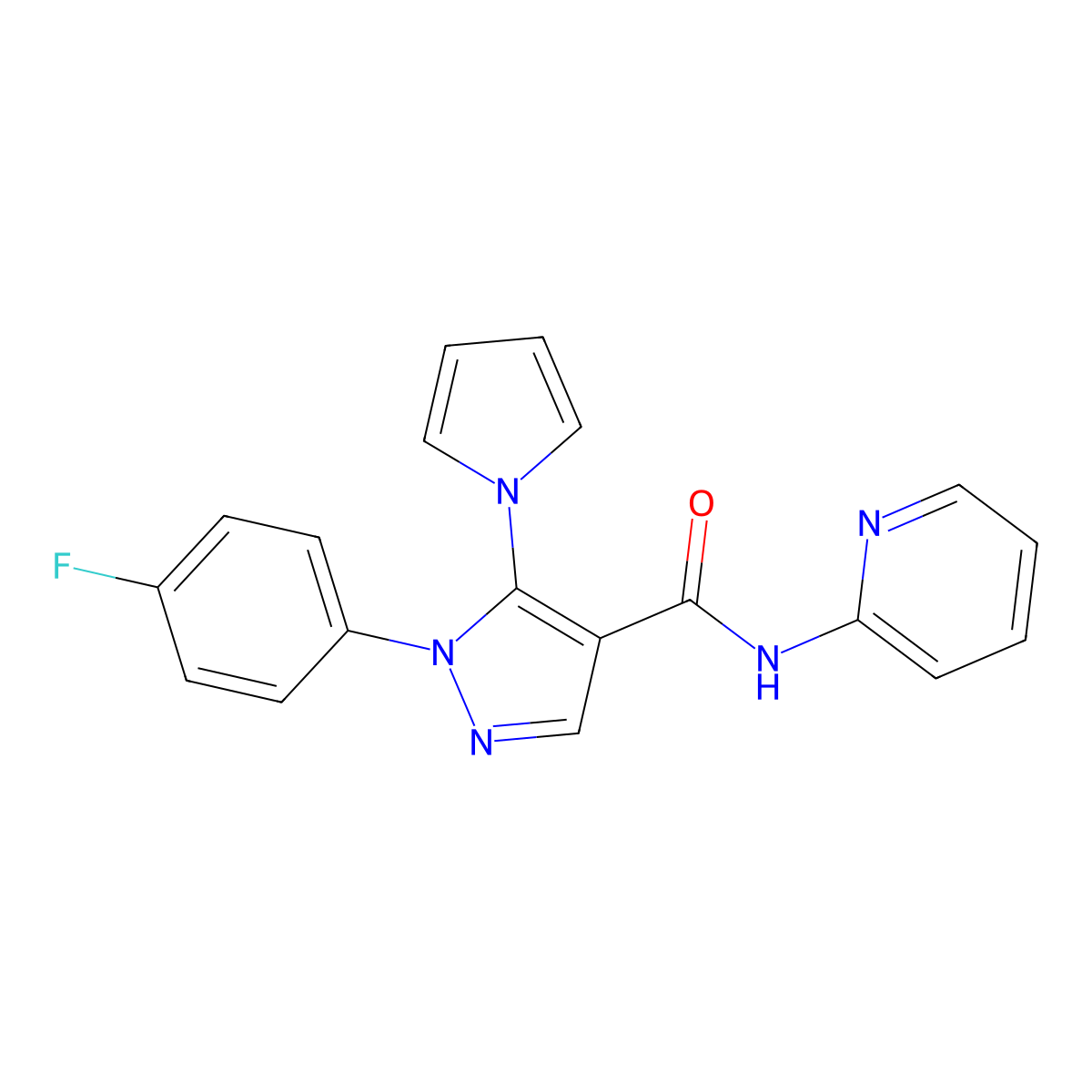 1-(4-fluorophenyl)-N-(pyridin-2-yl)-5-(1H-pyrrol-1-yl)-1H-pyrazole-4-carboxamide molecular structure, CAS 1246057-11-3