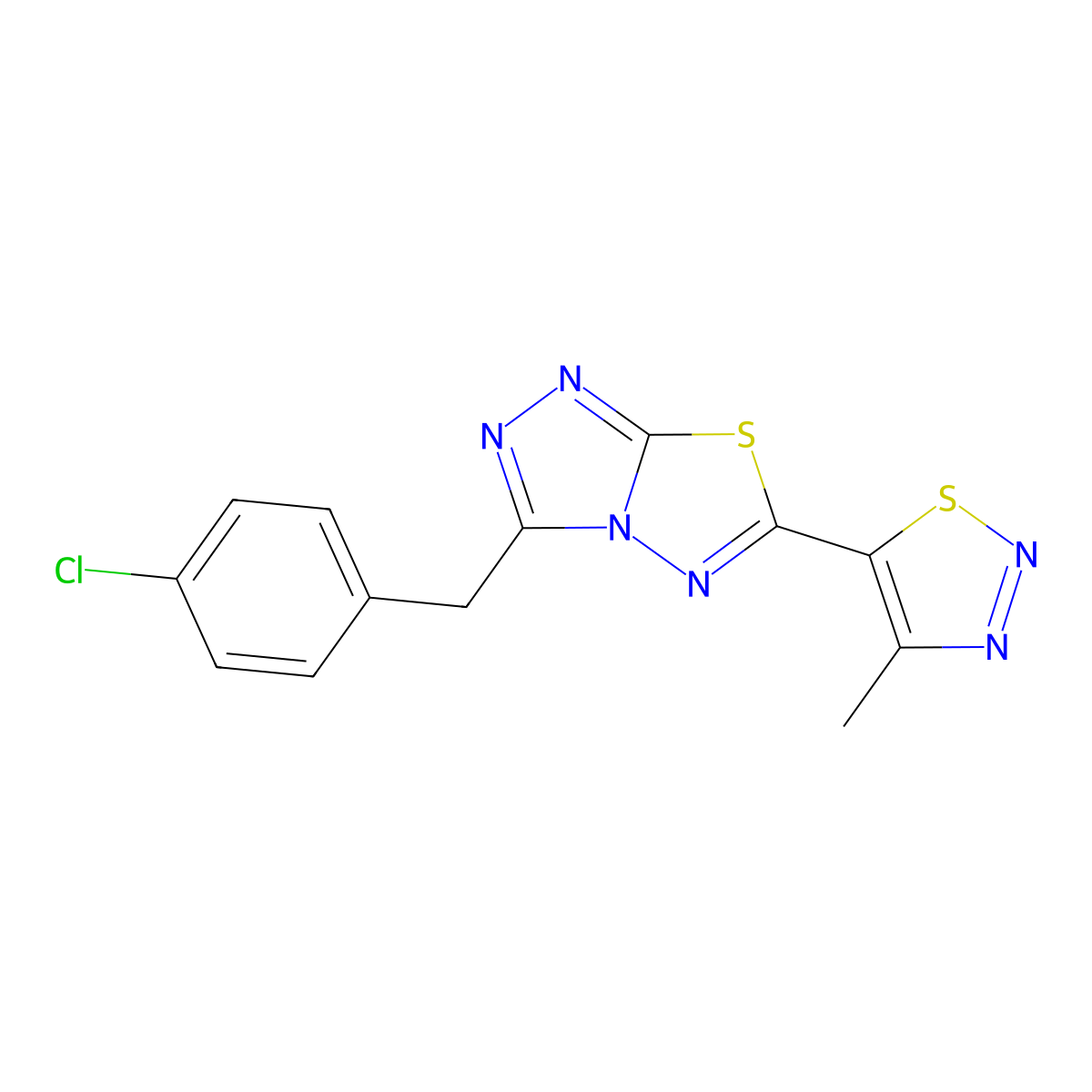 3-(4-Chlorobenzyl)-6-(4-methyl-1,2,3-thiadiazol-5-yl)[1,2,4]triazolo[3,4-b][1,3,4]thiadiazole molecular structure, CAS 1246057-37-3