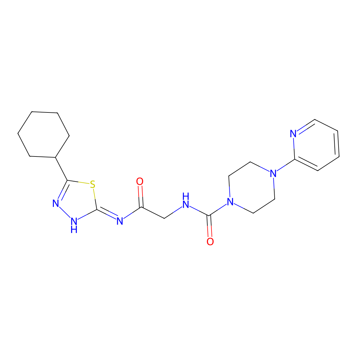 N-(2-{[(2Z)-5-cyclohexyl-1,3,4-thiadiazol-2(3H)-ylidene]amino}-2-oxoethyl)-4-(pyridin-2-yl)piperazine-1-carboxamide molecular structure, CAS 1246057-68-0