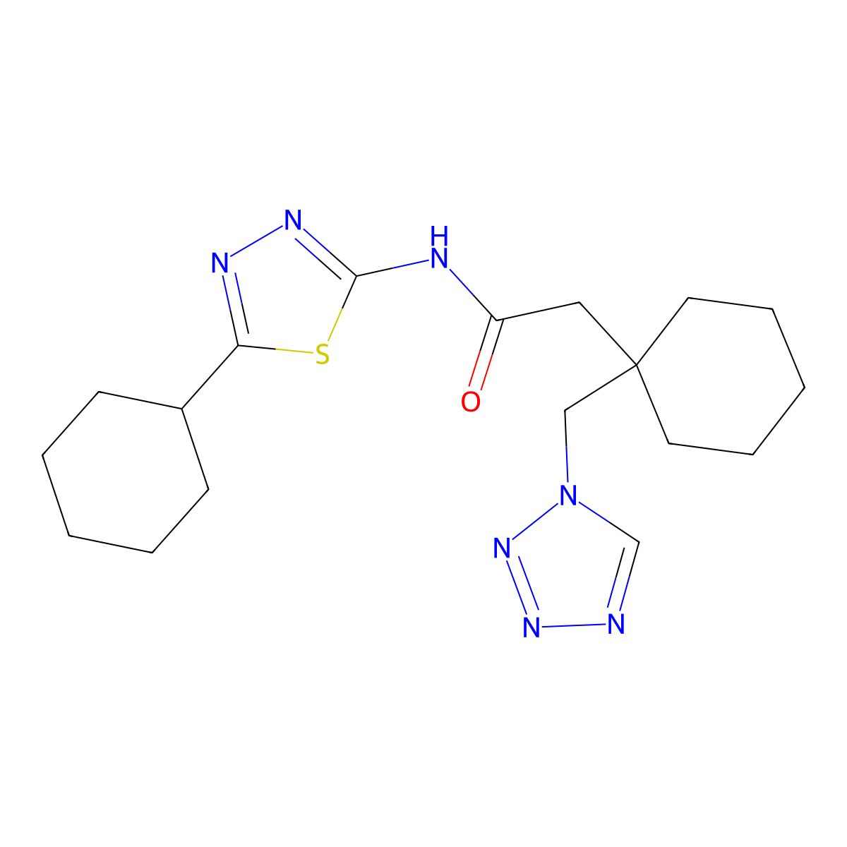 N-[(2E)-5-cyclohexyl-1,3,4-thiadiazol-2(3H)-ylidene]-2-[1-(1H-tetrazol-1-ylmethyl)cyclohexyl]acetamide molecular structure, CAS 1246057-86-2