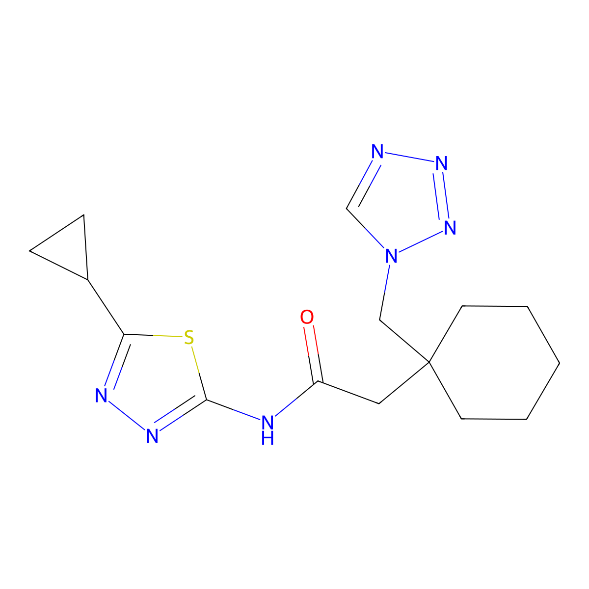N-[(2E)-5-cyclopropyl-1,3,4-thiadiazol-2(3H)-ylidene]-2-[1-(1H-tetrazol-1-ylmethyl)cyclohexyl]acetamide molecular structure, CAS 1246058-14-9