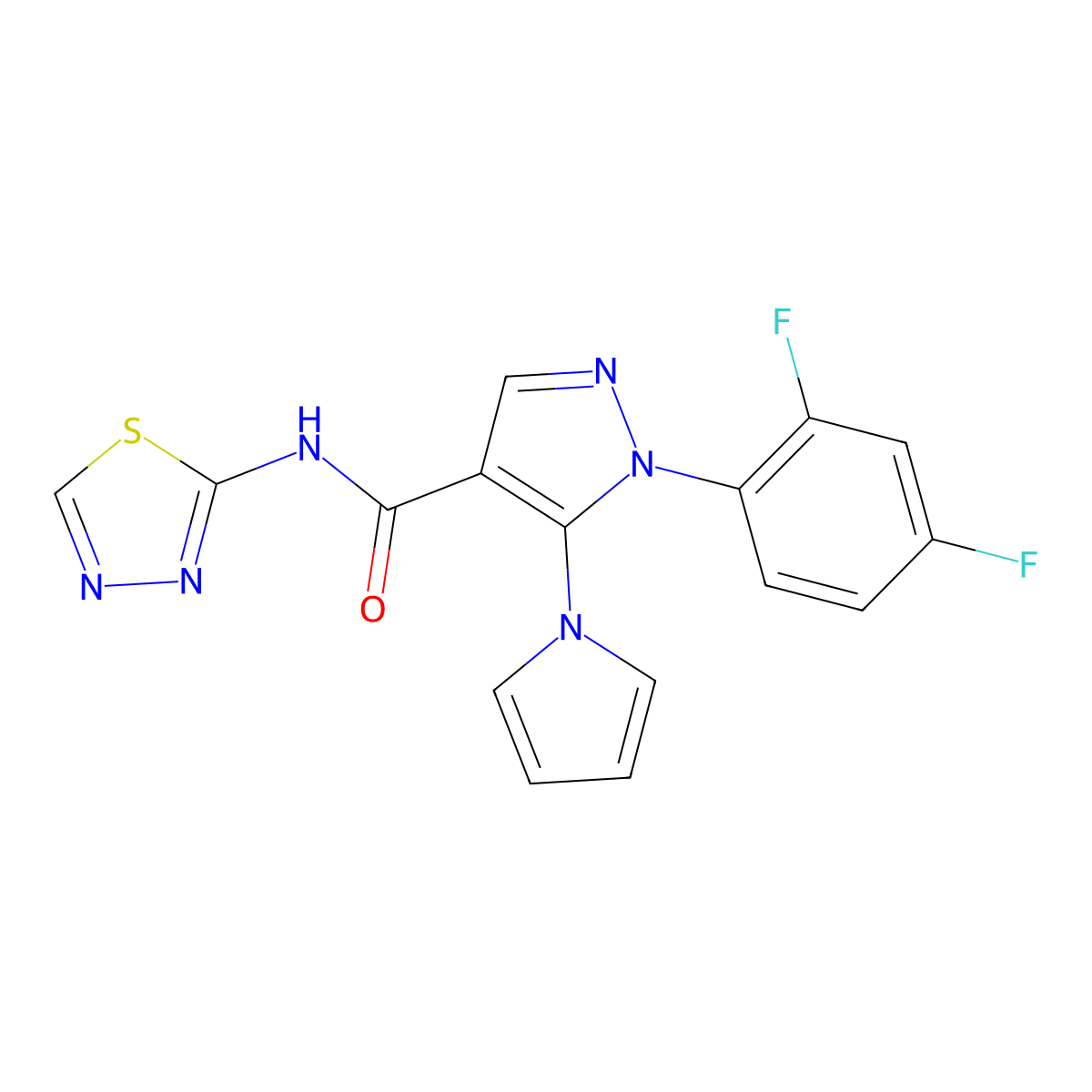 1-(2,4-difluorophenyl)-5-(1H-pyrrol-1-yl)-N-(1,3,4-thiadiazol-2-yl)-1H-pyrazole-4-carboxamide molecular structure, CAS 1246058-26-3