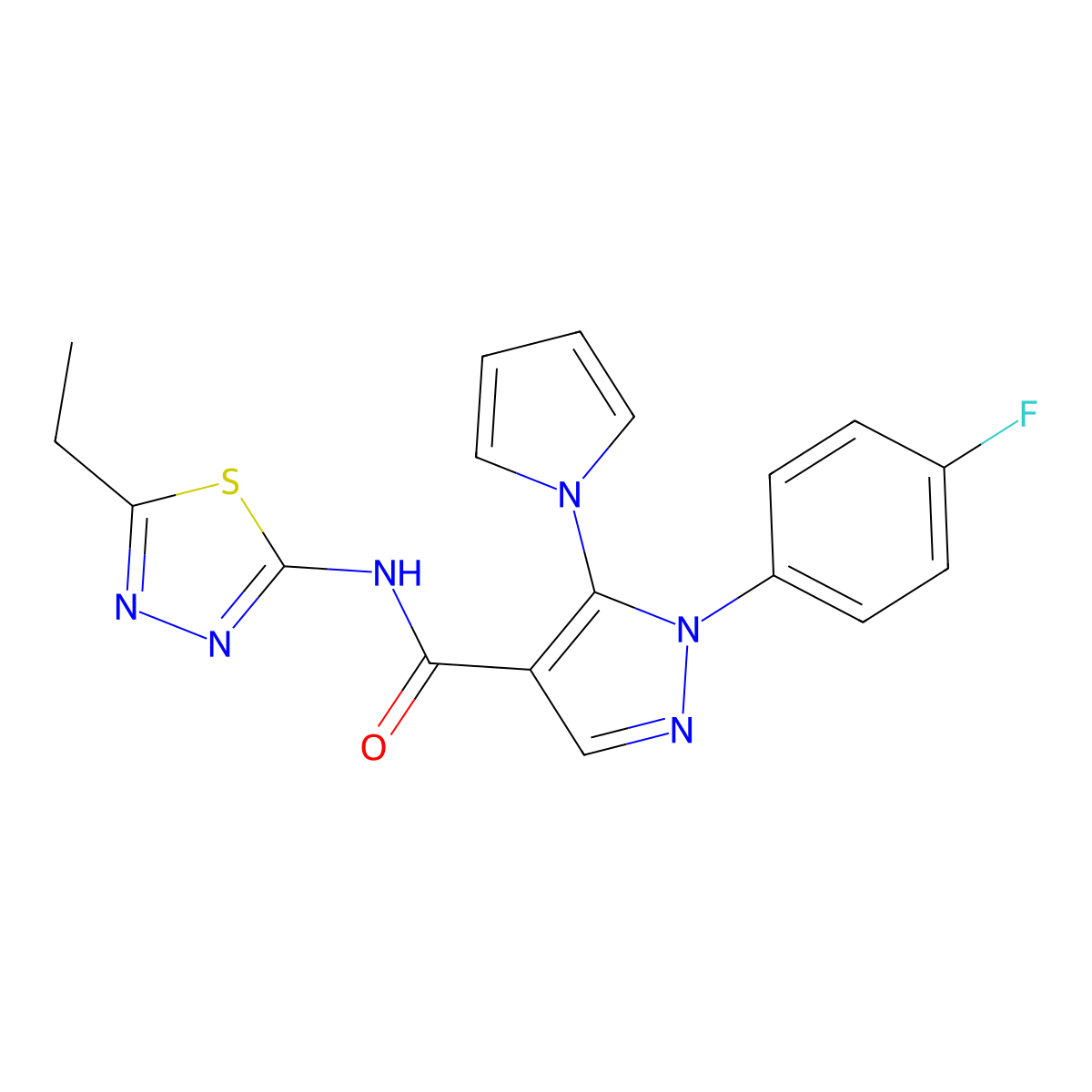 N-(5-ethyl-1,3,4-thiadiazol-2-yl)-1-(4-fluorophenyl)-5-(1H-pyrrol-1-yl)-1H-pyrazole-4-carboxamide molecular structure, CAS 1246058-75-2