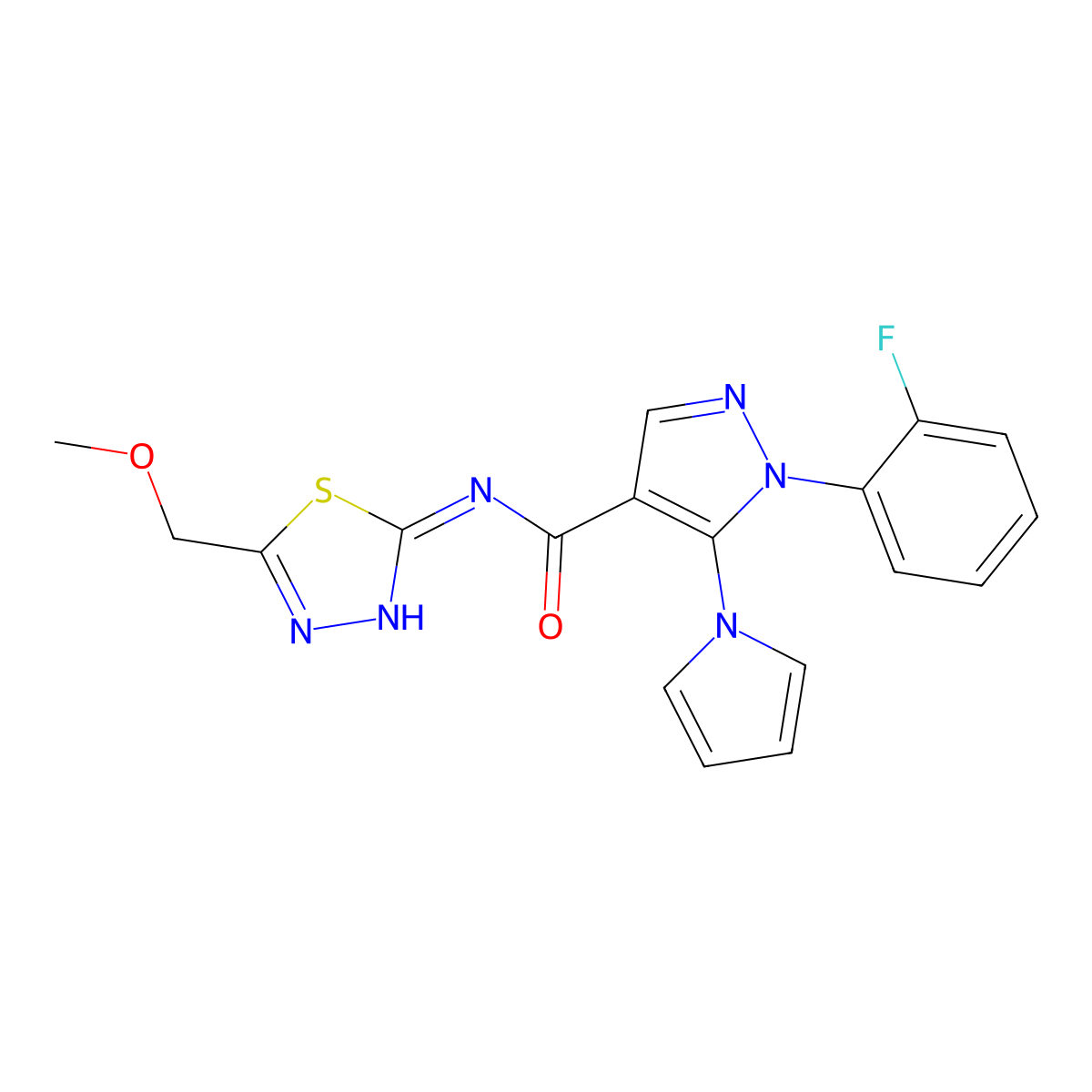 1-(2-fluorophenyl)-N-[(2E)-5-(methoxymethyl)-1,3,4-thiadiazol-2(3H)-ylidene]-5-(1H-pyrrol-1-yl)-1H-pyrazole-4-carboxamide molecular structure, CAS 1246059-22-2