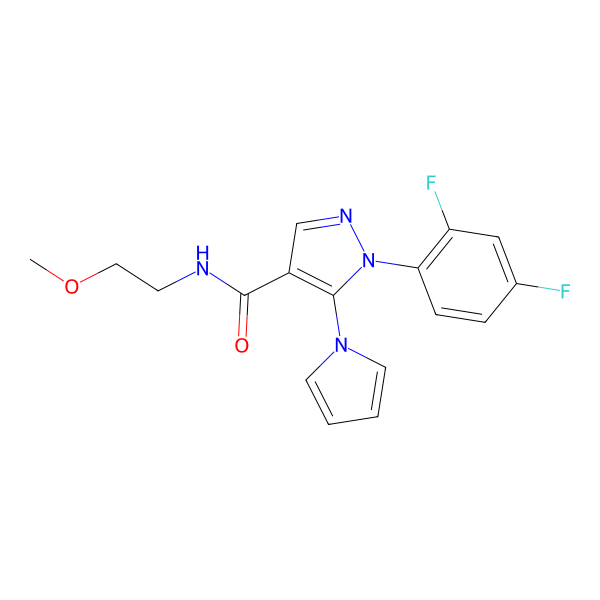 1-(2,4-difluorophenyl)-N-(2-methoxyethyl)-5-(1H-pyrrol-1-yl)-1H-pyrazole-4-carboxamide molecular structure, CAS 1246059-27-7