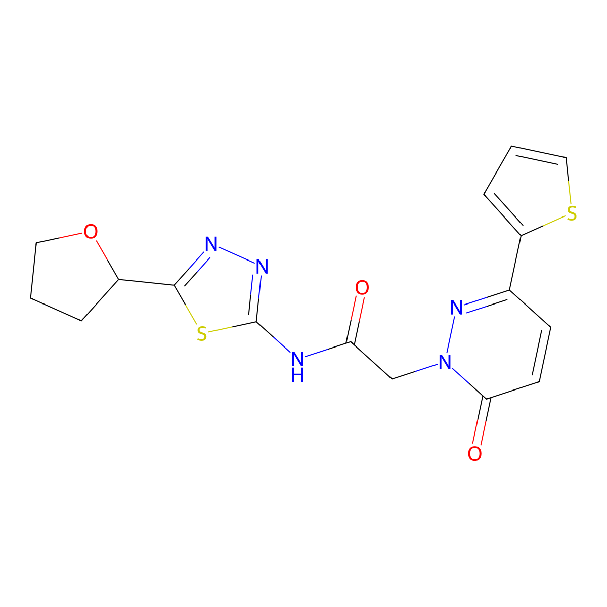 2-[6-oxo-3-(thiophen-2-yl)pyridazin-1(6H)-yl]-N-[(2E)-5-(tetrahydrofuran-2-yl)-1,3,4-thiadiazol-2(3H)-ylidene]acetamide molecular structure, CAS 1246059-37-9