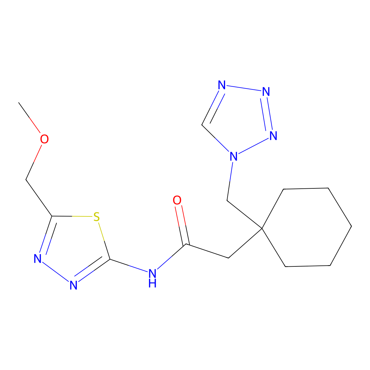 N-[(2E)-5-(methoxymethyl)-1,3,4-thiadiazol-2(3H)-ylidene]-2-[1-(1H-tetrazol-1-ylmethyl)cyclohexyl]acetamide molecular structure, CAS 1246059-42-6