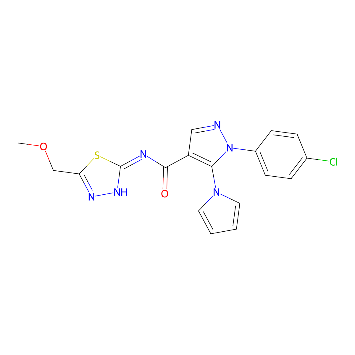 1-(4-chlorophenyl)-N-[(2E)-5-(methoxymethyl)-1,3,4-thiadiazol-2(3H)-ylidene]-5-(1H-pyrrol-1-yl)-1H-pyrazole-4-carboxamide molecular structure, CAS 1246059-86-8