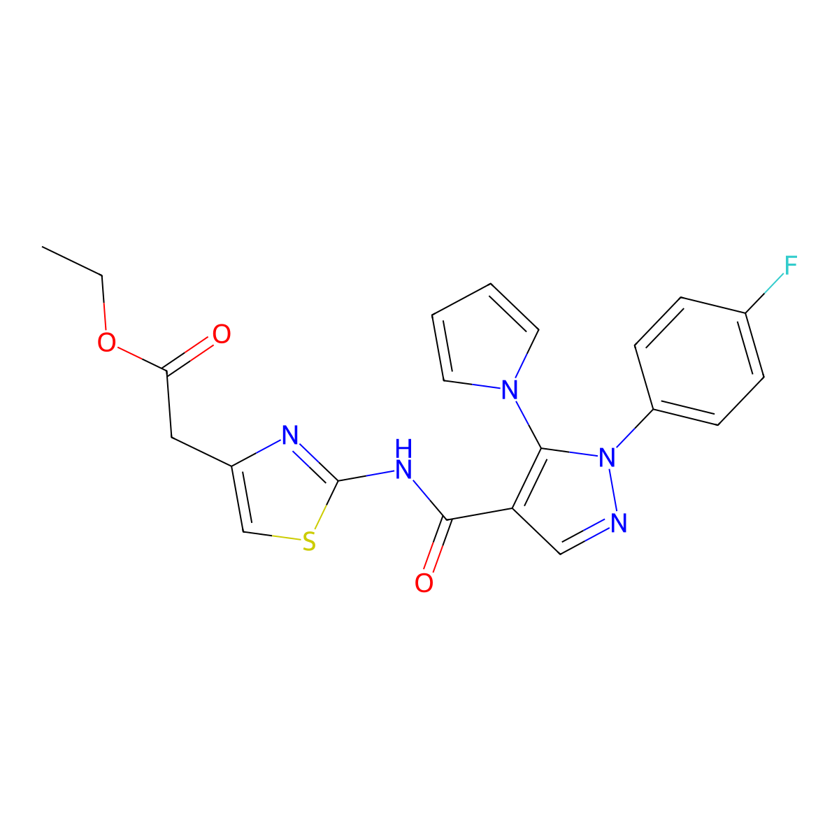 ethyl [2-({[1-(4-fluorophenyl)-5-(1H-pyrrol-1-yl)-1H-pyrazol-4-yl]carbonyl}amino)-1,3-thiazol-4-yl]acetate molecular structure, CAS 1246059-89-1