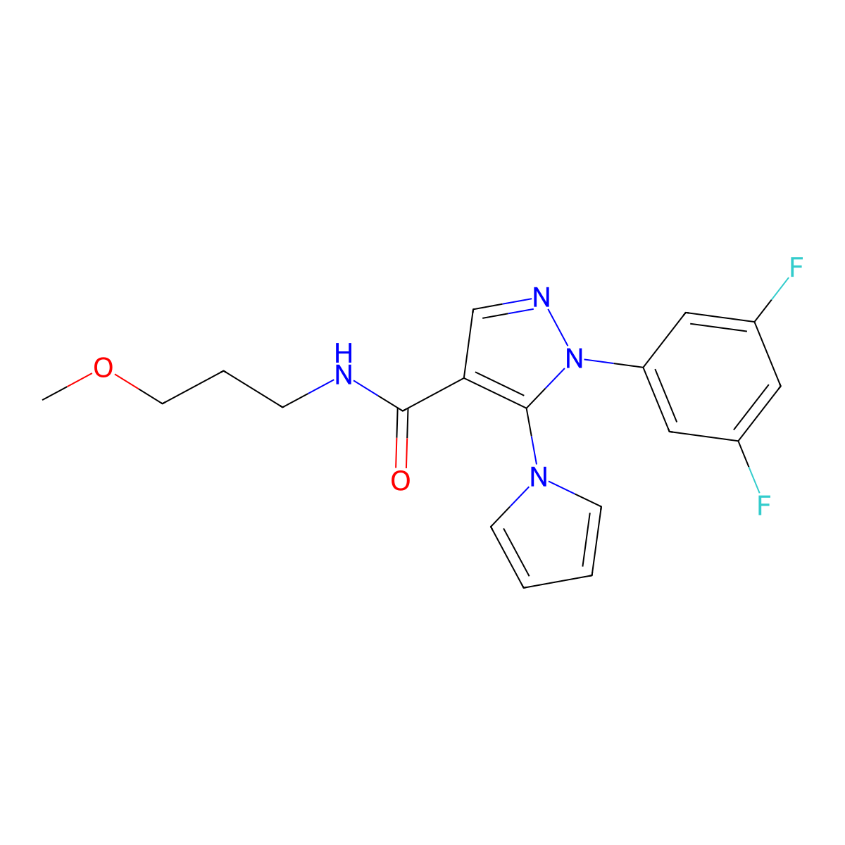 1-(3,5-difluorophenyl)-N-(3-methoxypropyl)-5-(1H-pyrrol-1-yl)-1H-pyrazole-4-carboxamide molecular structure, CAS 1246059-97-1