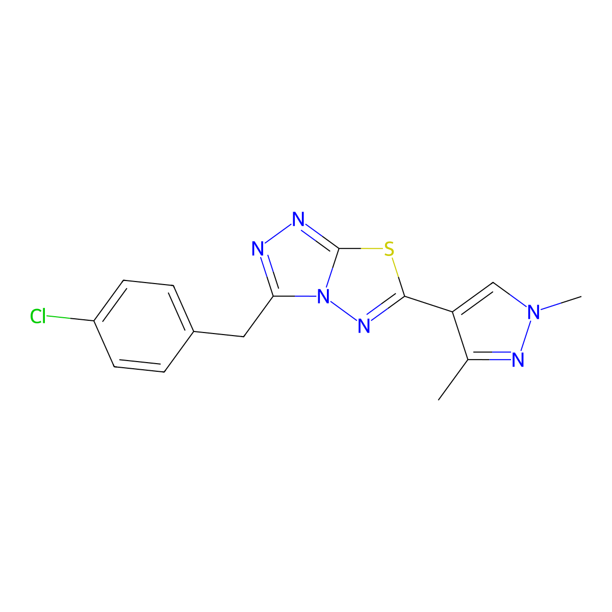 3-(4-chlorobenzyl)-6-(1,3-dimethyl-1H-pyrazol-4-yl)[1,2,4]triazolo[3,4-b][1,3,4]thiadiazole molecular structure, CAS 1246060-26-3