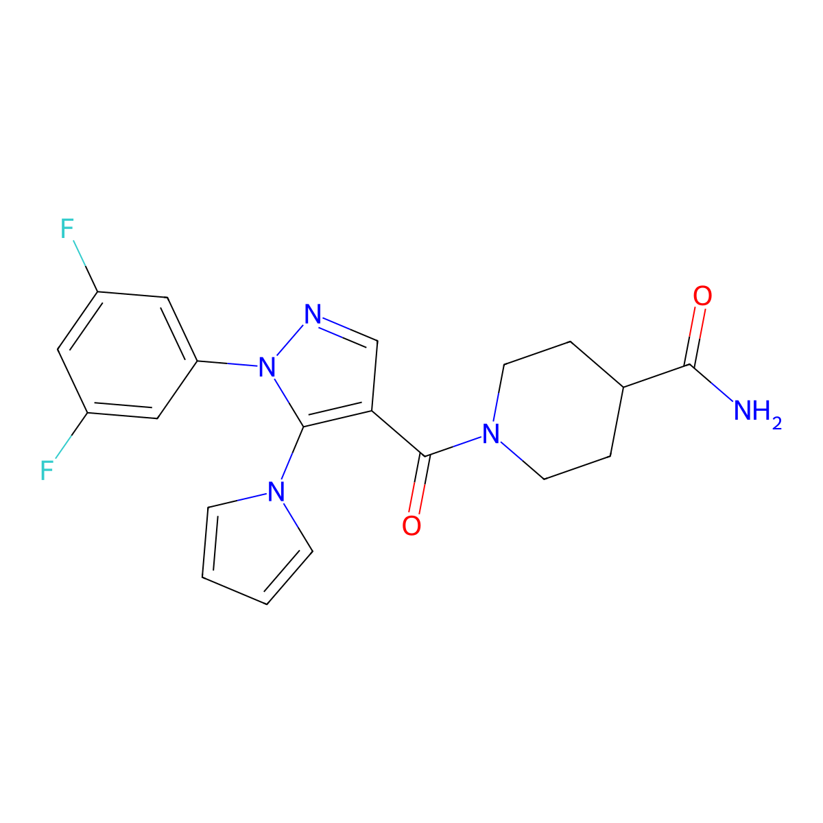 1-(1-(3,5-difluorophenyl)-5-(1H-pyrrol-1-yl)-1H-pyrazole-4-carbonyl)piperidine-4-carboxamide molecular structure, CAS 1246060-59-2
