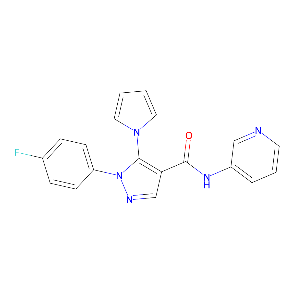 1-(4-fluorophenyl)-N-(pyridin-3-yl)-5-(1H-pyrrol-1-yl)-1H-pyrazole-4-carboxamide molecular structure, CAS 1246060-95-6