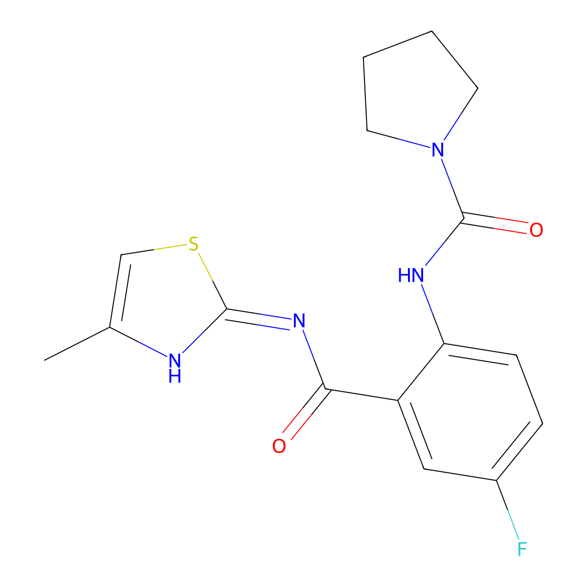 N-(4-fluoro-2-{[(2E)-4-methyl-1,3-thiazol-2(3H)-ylidene]carbamoyl}phenyl)pyrrolidine-1-carboxamide molecular structure, CAS 1246061-02-8