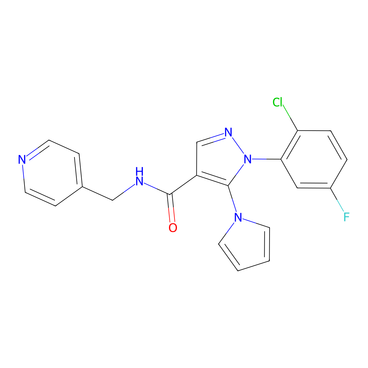 1-(2-chloro-5-fluorophenyl)-N-(pyridin-4-ylmethyl)-5-(1H-pyrrol-1-yl)-1H-pyrazole-4-carboxamide molecular structure, CAS 1246061-07-3