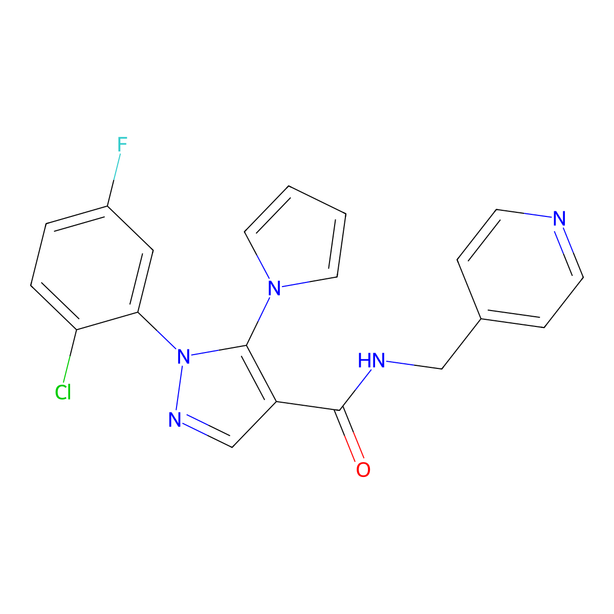 1-(2-chloro-5-fluorophenyl)-N-(pyridin-4-ylmethyl)-5-(1H-pyrrol-1-yl)-1H-pyrazole-4-carboxamide molecular structure, CAS 1246061-07-3