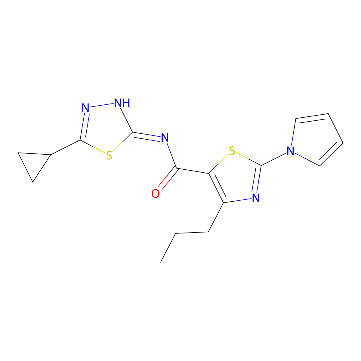 N-[(2Z)-5-cyclopropyl-1,3,4-thiadiazol-2(3H)-ylidene]-4-propyl-2-(1H-pyrrol-1-yl)-1,3-thiazole-5-carboxamide molecular structure, CAS 1246061-10-8