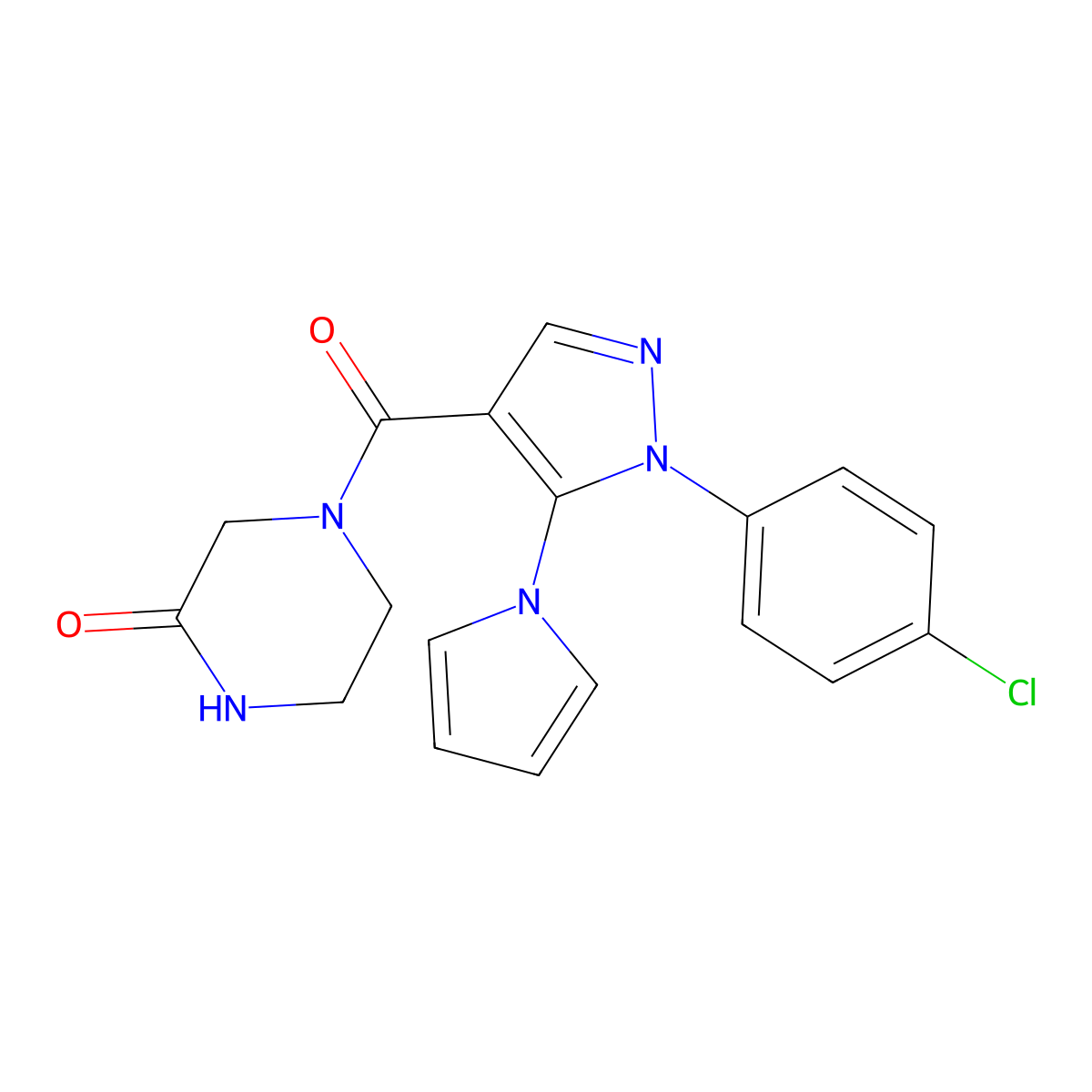 4-{[1-(4-chlorophenyl)-5-(1H-pyrrol-1-yl)-1H-pyrazol-4-yl]carbonyl}piperazin-2-one molecular structure, CAS 1246061-71-1
