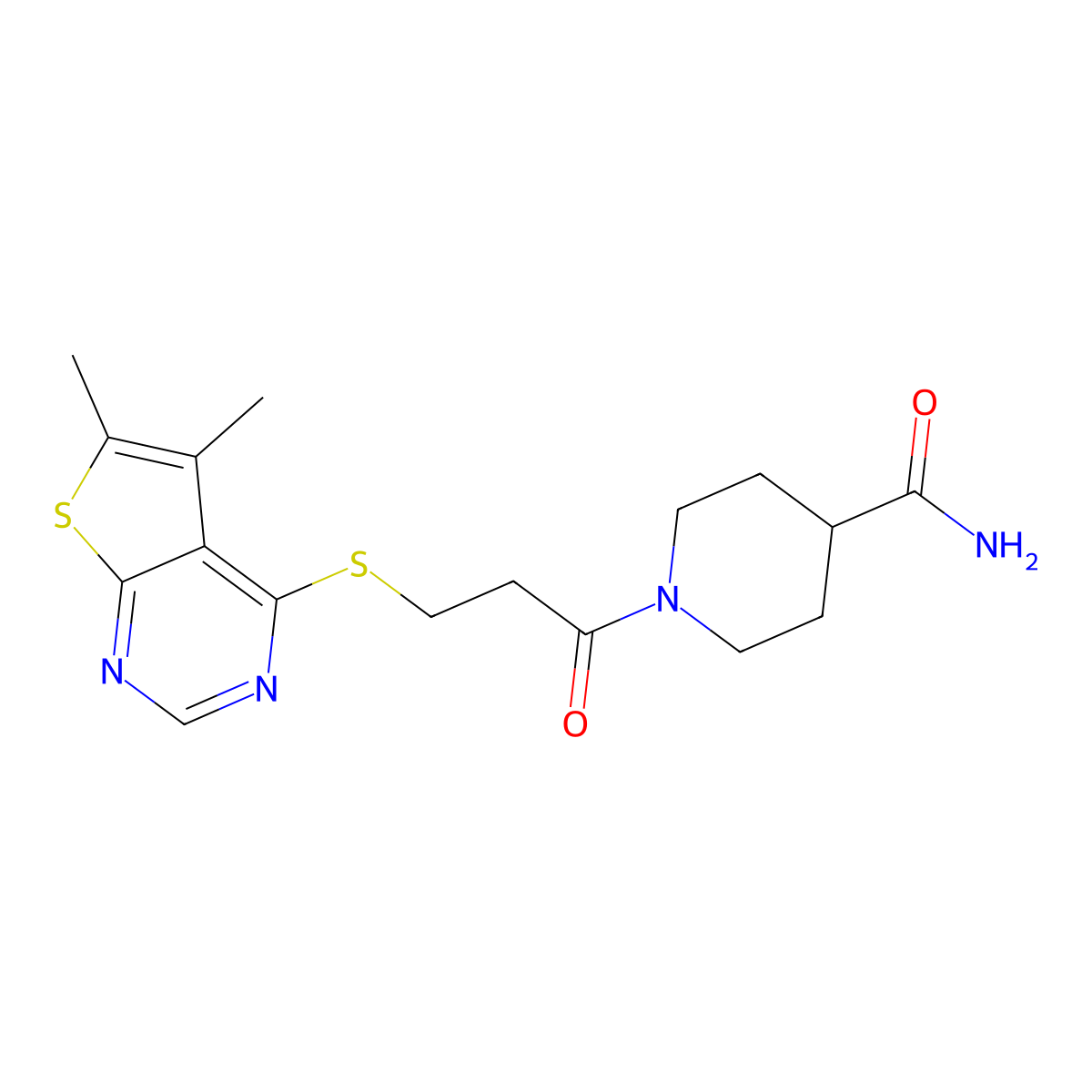1-{3-[(5,6-Dimethylthieno[2,3-d]pyrimidin-4-yl)sulfanyl]propanoyl}piperidine-4-carboxamide molecular structure, CAS 1246062-09-8