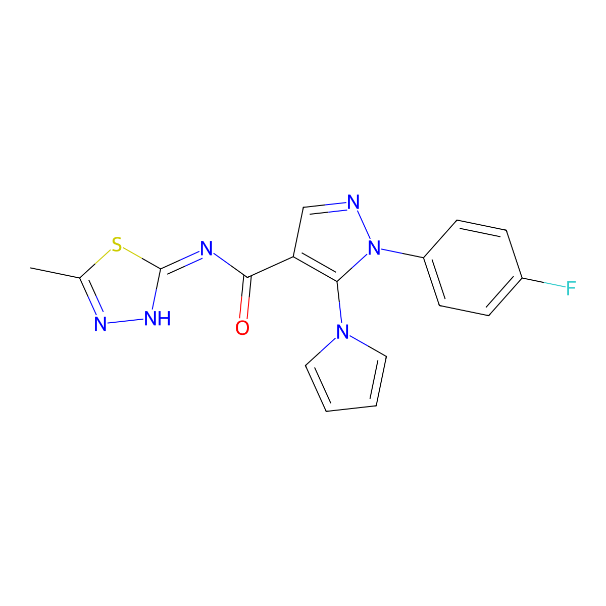1-(4-fluorophenyl)-N-(5-methyl-1,3,4-thiadiazol-2-yl)-5-(1H-pyrrol-1-yl)-1H-pyrazole-4-carboxamide molecular structure, CAS 1246062-74-7