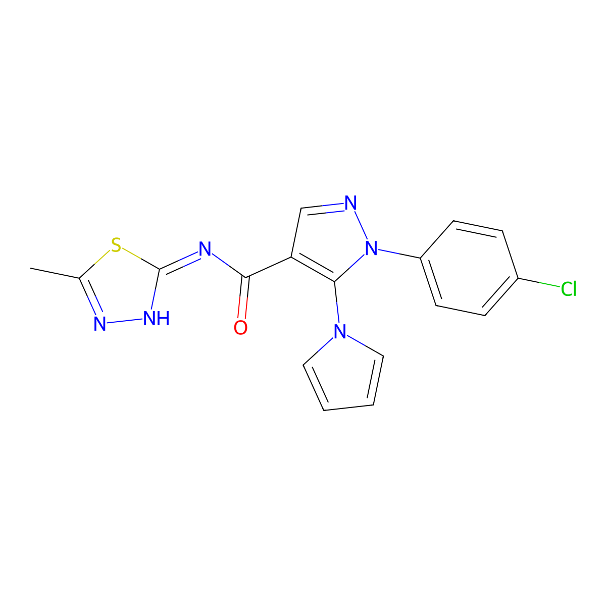 1-(4-chlorophenyl)-N-(5-methyl-1,3,4-thiadiazol-2-yl)-5-(1H-pyrrol-1-yl)-1H-pyrazole-4-carboxamide molecular structure, CAS 1246062-89-4