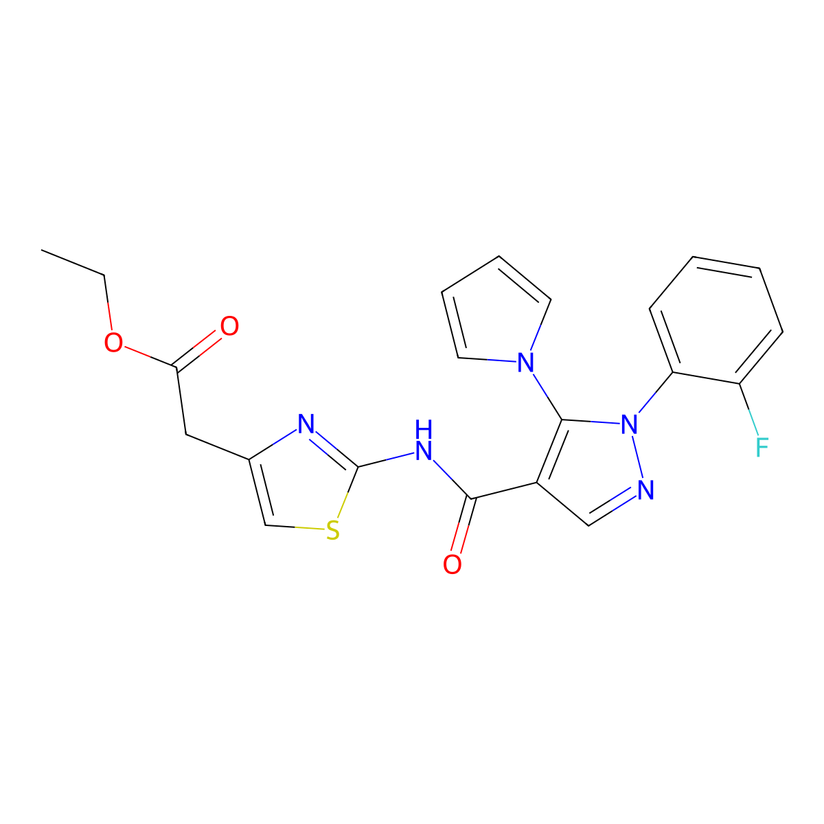 ethyl [2-({[1-(2-fluorophenyl)-5-(1H-pyrrol-1-yl)-1H-pyrazol-4-yl]carbonyl}amino)-1,3-thiazol-4-yl]acetate molecular structure, CAS 1246064-02-7