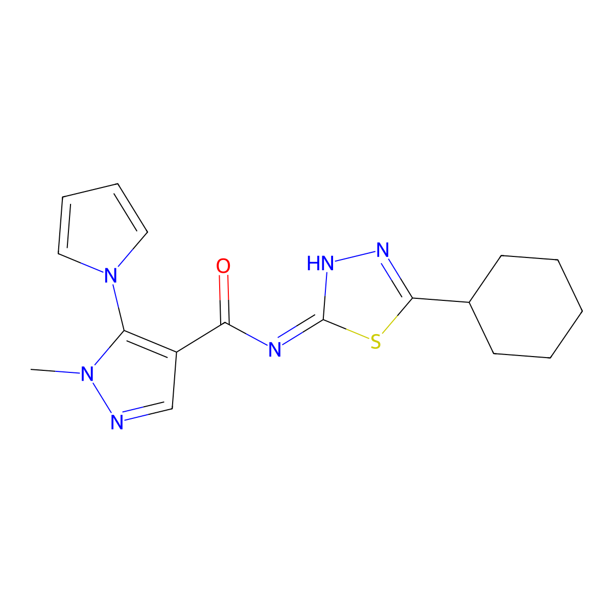 N-(5-cyclohexyl-1,3,4-thiadiazol-2-yl)-1-methyl-5-(1H-pyrrol-1-yl)-1H-pyrazole-4-carboxamide molecular structure, CAS 1246064-52-7