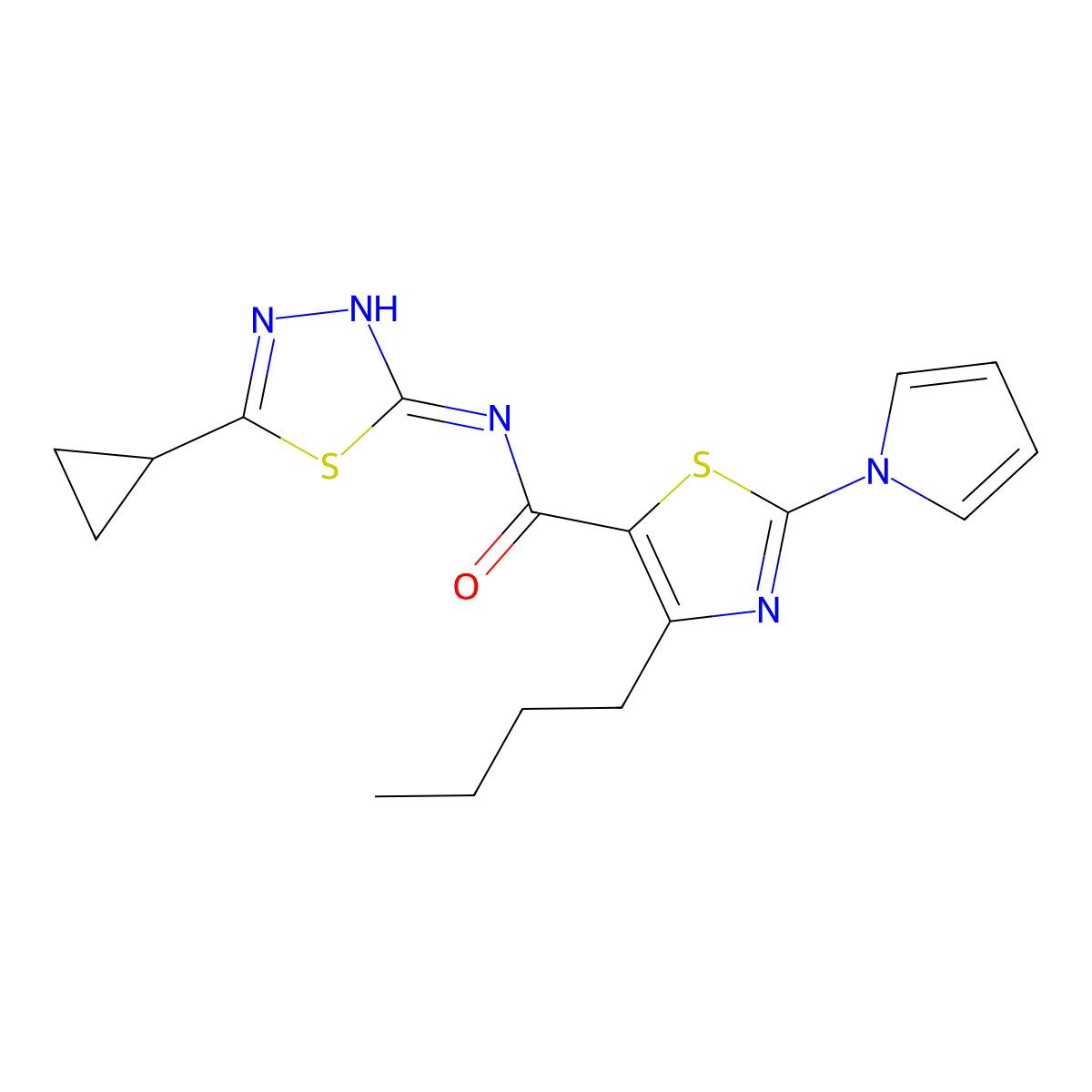 4-butyl-N-[(2Z)-5-cyclopropyl-1,3,4-thiadiazol-2(3H)-ylidene]-2-(1H-pyrrol-1-yl)-1,3-thiazole-5-carboxamide molecular structure, CAS 1246064-79-8