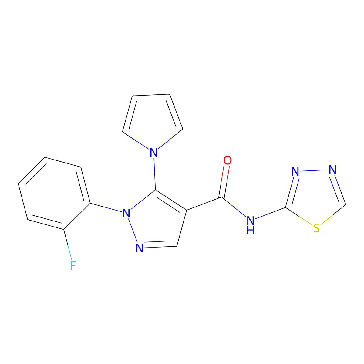 1-(2-fluorophenyl)-5-(1H-pyrrol-1-yl)-N-(1,3,4-thiadiazol-2-yl)-1H-pyrazole-4-carboxamide molecular structure, CAS 1246067-79-7