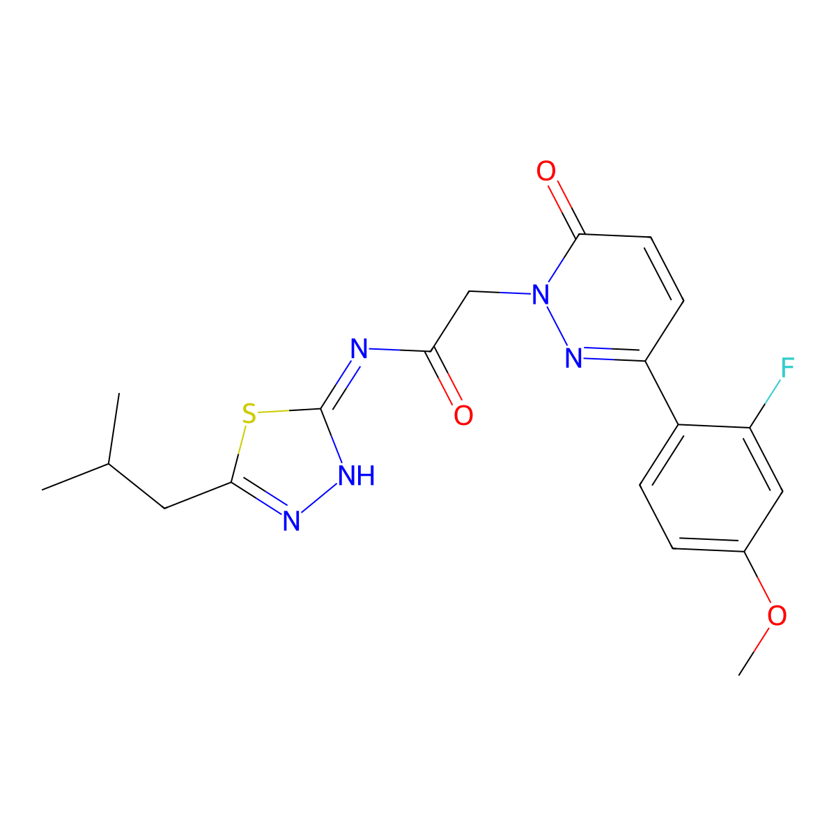 2-[3-(2-fluoro-4-methoxyphenyl)-6-oxopyridazin-1(6H)-yl]-N-[(2E)-5-(2-methylpropyl)-1,3,4-thiadiazol-2(3H)-ylidene]acetamide molecular structure, CAS 1246068-55-2
