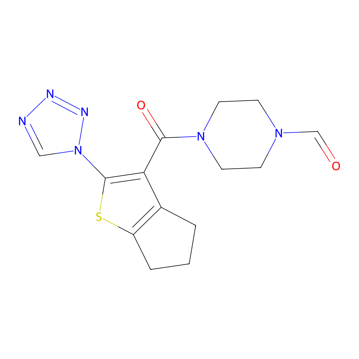 4-{[2-(1H-tetrazol-1-yl)-5,6-dihydro-4H-cyclopenta[b]thiophen-3-yl]carbonyl}piperazine-1-carbaldehyde molecular structure, CAS 1246070-05-2