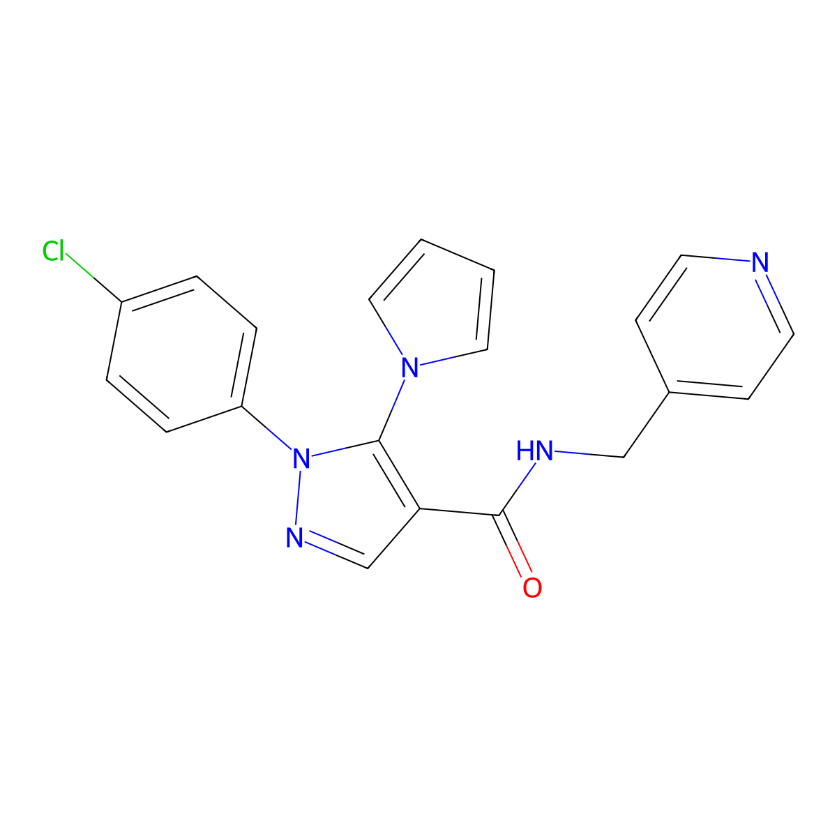 1-(4-chlorophenyl)-N-(pyridin-4-ylmethyl)-5-(1H-pyrrol-1-yl)-1H-pyrazole-4-carboxamide molecular structure, CAS 1246070-47-2