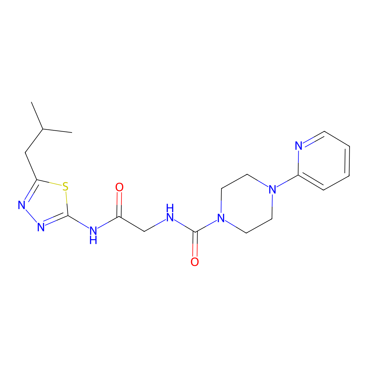 N-(2-{[(2Z)-5-(2-methylpropyl)-1,3,4-thiadiazol-2(3H)-ylidene]amino}-2-oxoethyl)-4-(pyridin-2-yl)piperazine-1-carboxamide molecular structure, CAS 1246070-96-1