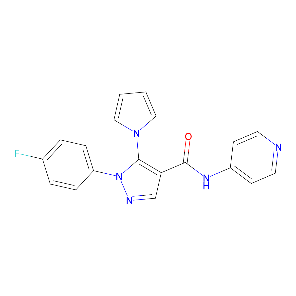 1-(4-fluorophenyl)-N-(pyridin-4-yl)-5-(1H-pyrrol-1-yl)-1H-pyrazole-4-carboxamide molecular structure, CAS 1246071-28-2
