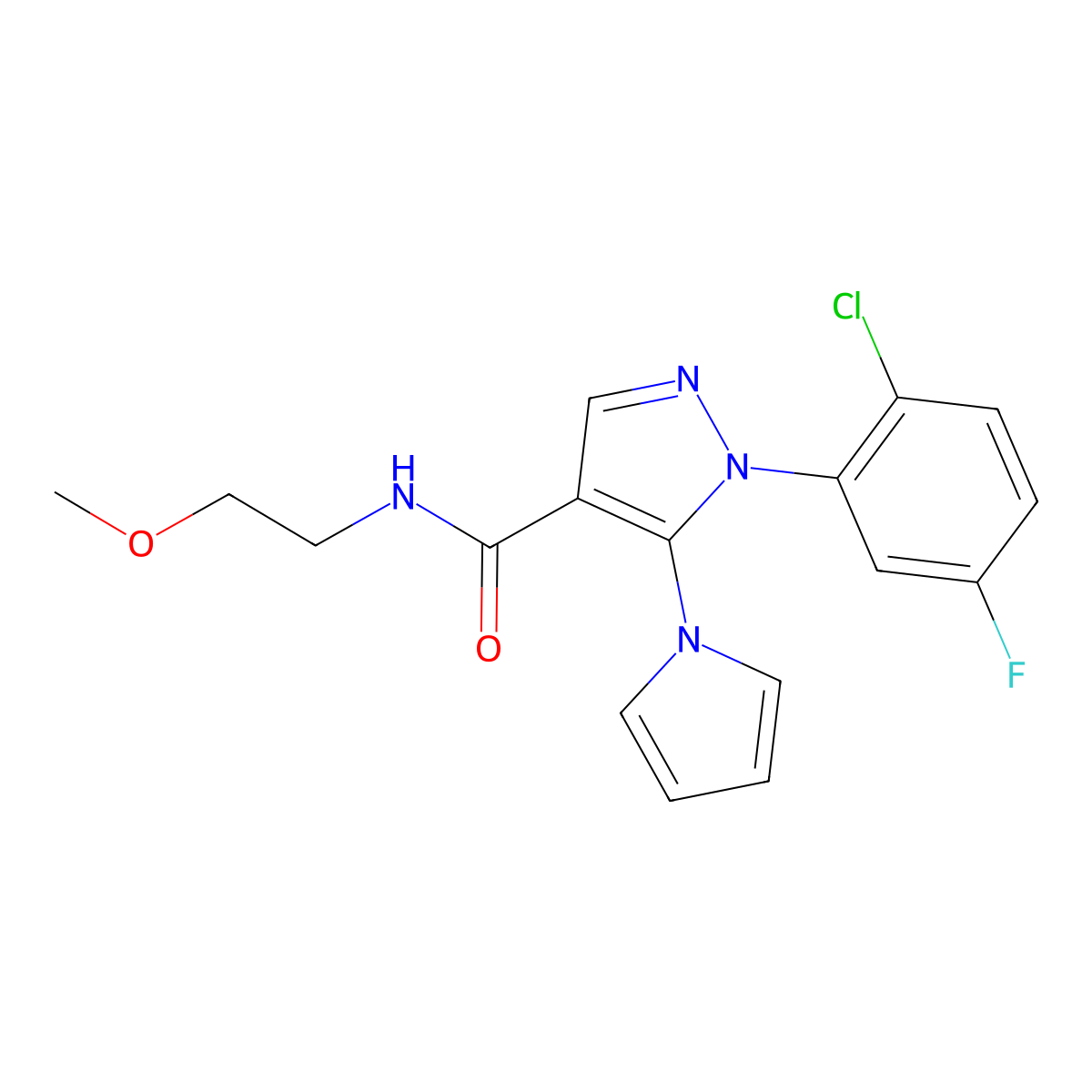 1-(2-chloro-5-fluorophenyl)-N-(2-methoxyethyl)-5-(1H-pyrrol-1-yl)-1H-pyrazole-4-carboxamide molecular structure, CAS 1246072-27-4