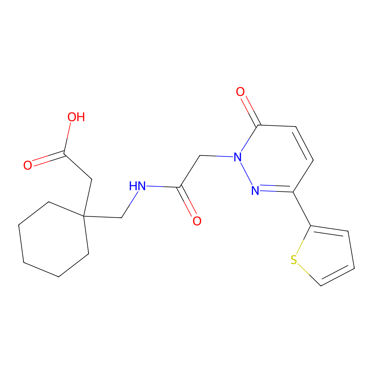 {1-[({[6-oxo-3-(thiophen-2-yl)pyridazin-1(6H)-yl]acetyl}amino)methyl]cyclohexyl}acetic acid molecular structure, CAS 1246072-42-3