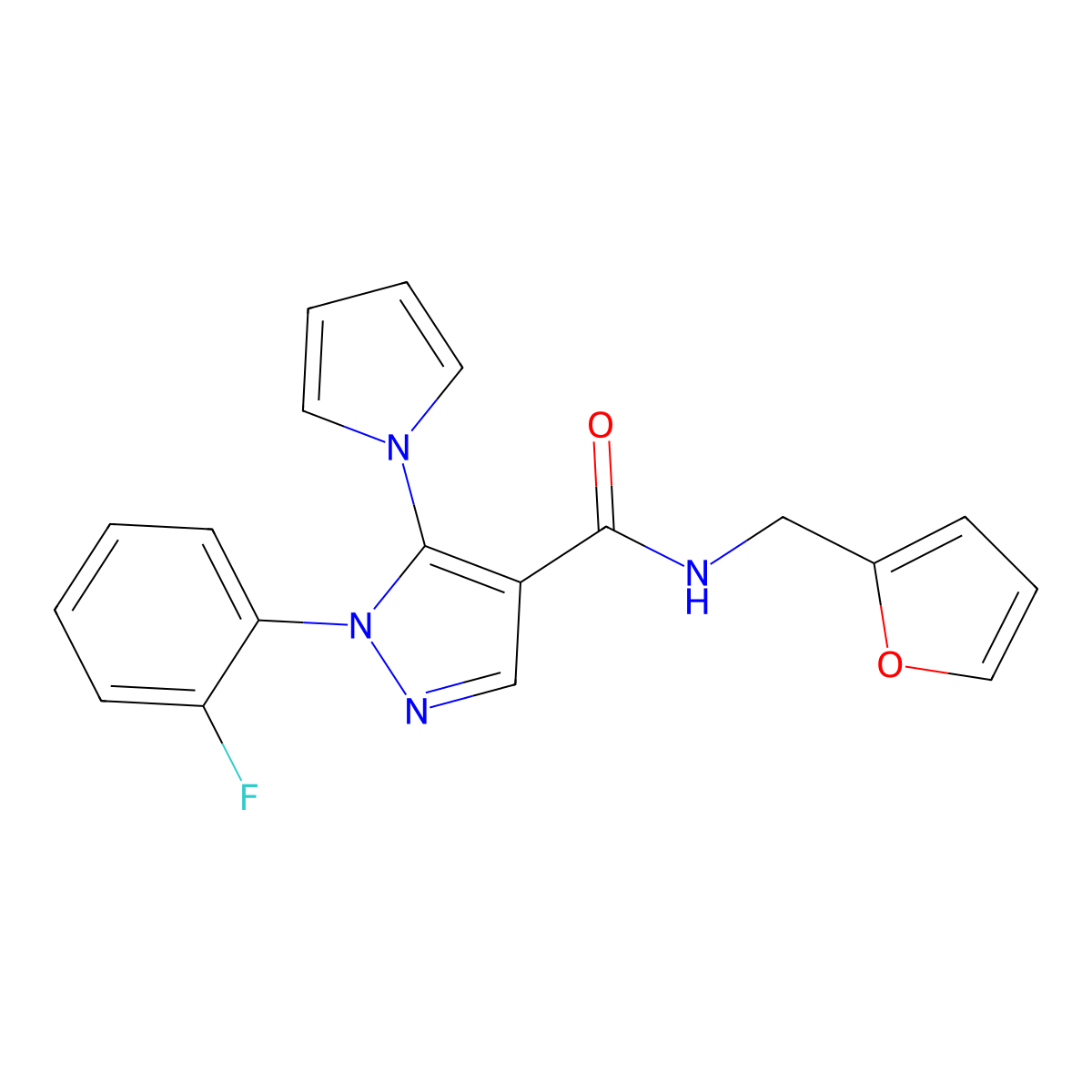 1-(2-fluorophenyl)-N-(furan-2-ylmethyl)-5-(1H-pyrrol-1-yl)-1H-pyrazole-4-carboxamide molecular structure, CAS 1246072-55-8