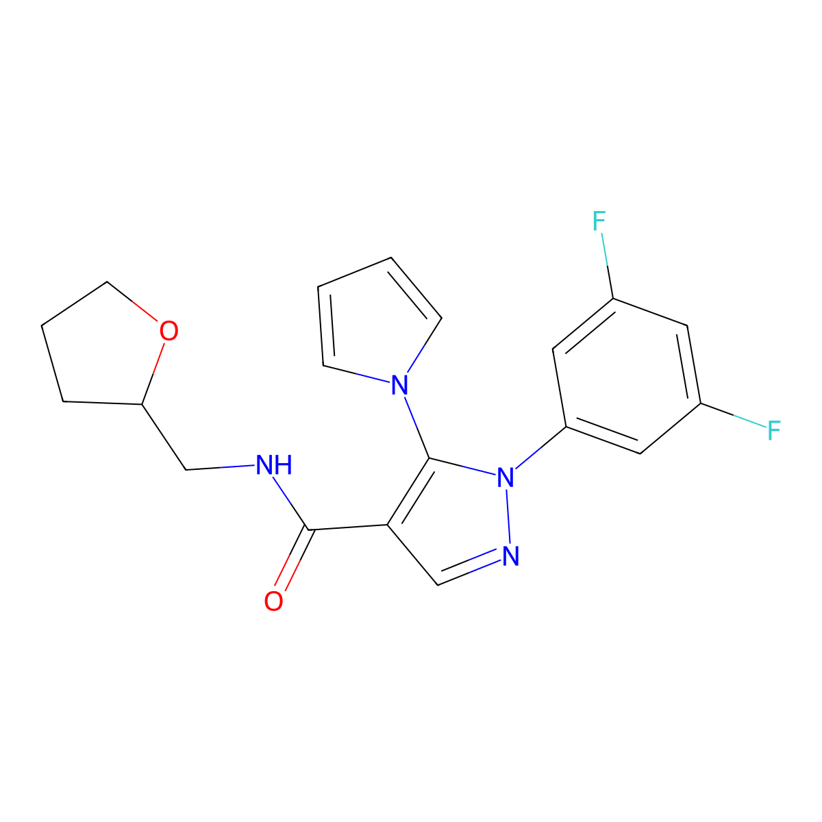 1-(3,5-difluorophenyl)-5-(1H-pyrrol-1-yl)-N-(tetrahydrofuran-2-ylmethyl)-1H-pyrazole-4-carboxamide molecular structure, CAS 1246072-68-3