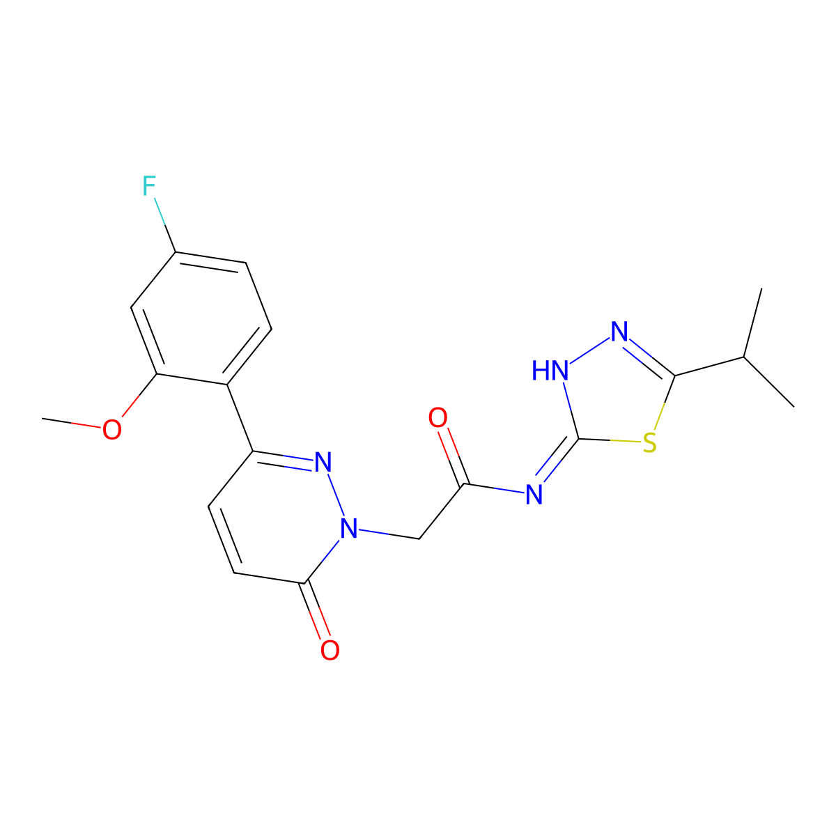 2-[3-(4-fluoro-2-methoxyphenyl)-6-oxopyridazin-1(6H)-yl]-N-[(2E)-5-(propan-2-yl)-1,3,4-thiadiazol-2(3H)-ylidene]acetamide molecular structure, CAS 1246073-34-6
